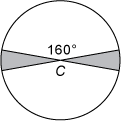 The figure for sample question 1 is a circle with center C. Two diameters of the circle are drawn, dividing the circle into 4 sectors, Two nonadjacent sectors are shaded, and the central angle of one of the unshaded sections measures 160 degrees. End of figure description.