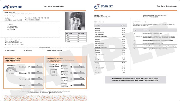 시험 응시자 정보, 시험 당일 점수 및 MyBest 점수를 보여주는 이전 샘플 TOEFL iBT 종이 점수 보고서 이미지