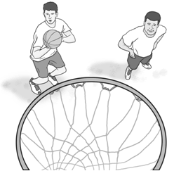 Illustration of two students playing basketball