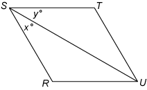 The figure for sample question 2 shows parallelogram RSTU. Sides R U and S T are horizontal, with S T above, and slightly to the left of side R U. Diagonal S U, which extends from vertex S at the upper left of the parallelogram to vertex U at the lower right of the parallelogram, divides the parallelogram into two triangles, R S U and U S T; and the angle at vertex S into 2 adjacent angles R S U and U S T. The measure of angle R S U is x degrees, and the measure of angle U S T is y degrees. End of figure description.