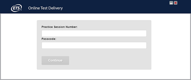 Online Test Delivery window appears with entry fields for Practice Session Number and Passcode. One button labeled Continue
