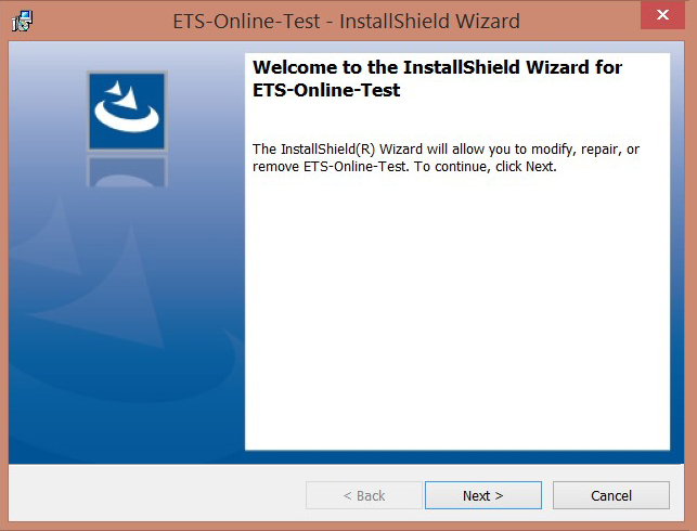 Image of the ETS-Online-Test InstallShield Wizard screen with Next button highlighted