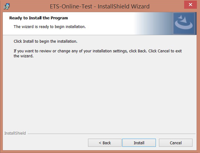 Image of the ETS-Online-Test InstallShield Wizard screen with Install button highlighted