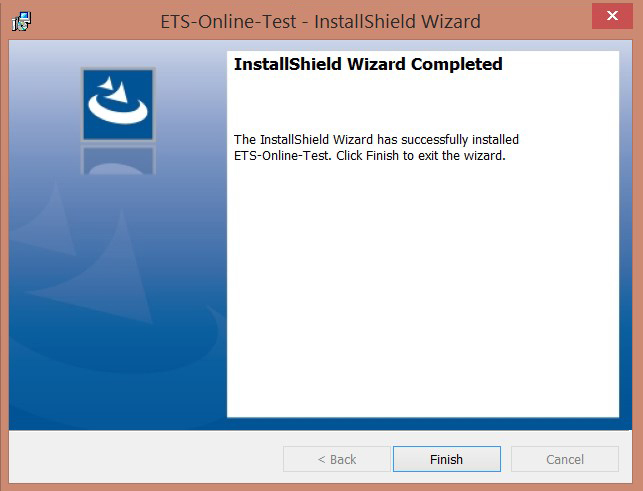 Image of the ETS-Online-Test InstallShield Wizard screen with Finish button highlighted.