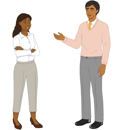 Picture of a woman and a man talking.