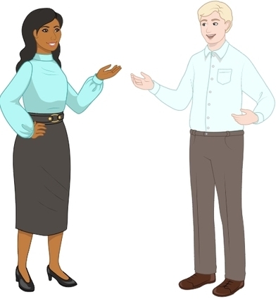 Picture of a woman and a man talking .