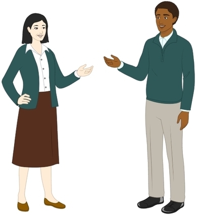 picture of a woman and a man talking    