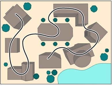 Map for a campus tour. The tour follows a path and stops at 8 buildings.