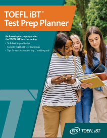 TOEFL iBT 测试准备计划表的封面图片，其中有三名女学生和大学生一起在笔记本中查看信息