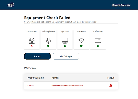 Screenshot showing the results of the Equipment Check when some part of the equipment has failed. One or more icons representing a webcam, microphone, system, network, and software will include a red triangle. Tips for troubleshooting the problem can be found below