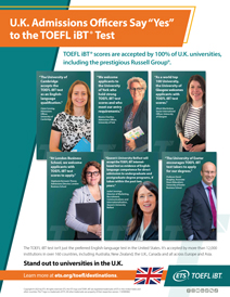Do.Bild mit einem Flyer für britische Zulassungen. Zulassungsbeauftragte besprechen ihre Annahme des TOEFL iBT-Tests