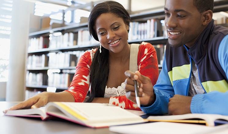 Students working together in a library