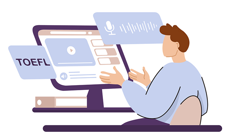 Illustration of person sitting in front of computer; the word “TOEFL” appears next to the computer