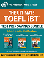 A book cover with The Ultimate TOEFL iBT Test Prep Saving Bundle written across in large white letters